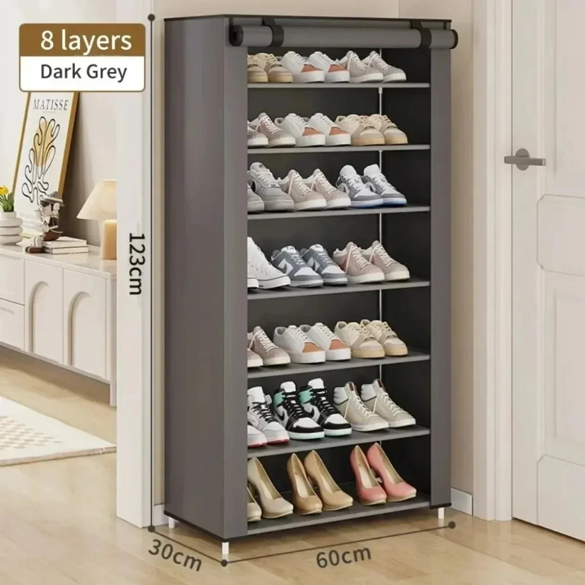 Compact, stylish cabinet designed to neatly organize and store your shoes while saving space.