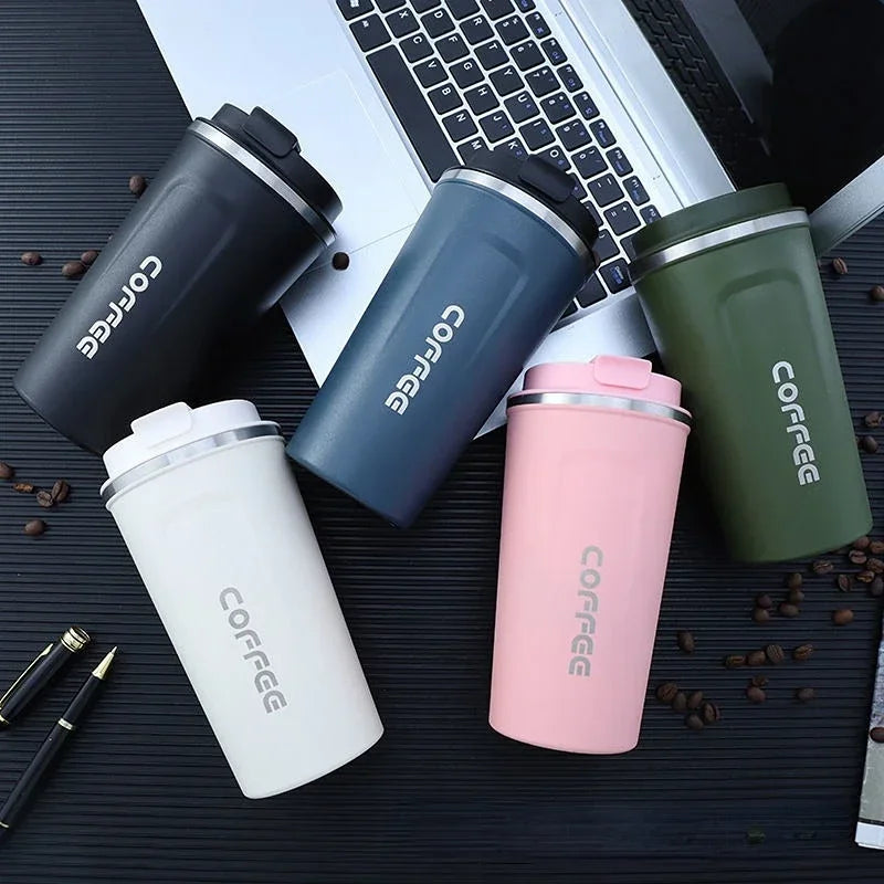 Insulated mug for keeping drinks hot or cold on the go.