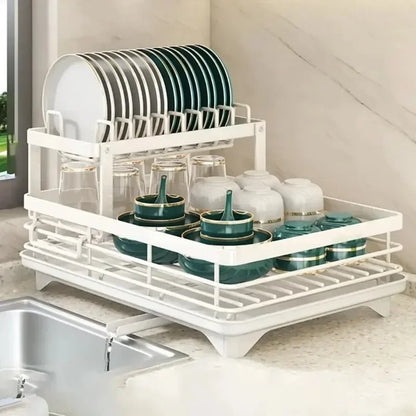 Dish Drying Rack Adjustable Kitchen Plates Organizer with Drainboard Over Sink Countertop Cutlery Storage Holde