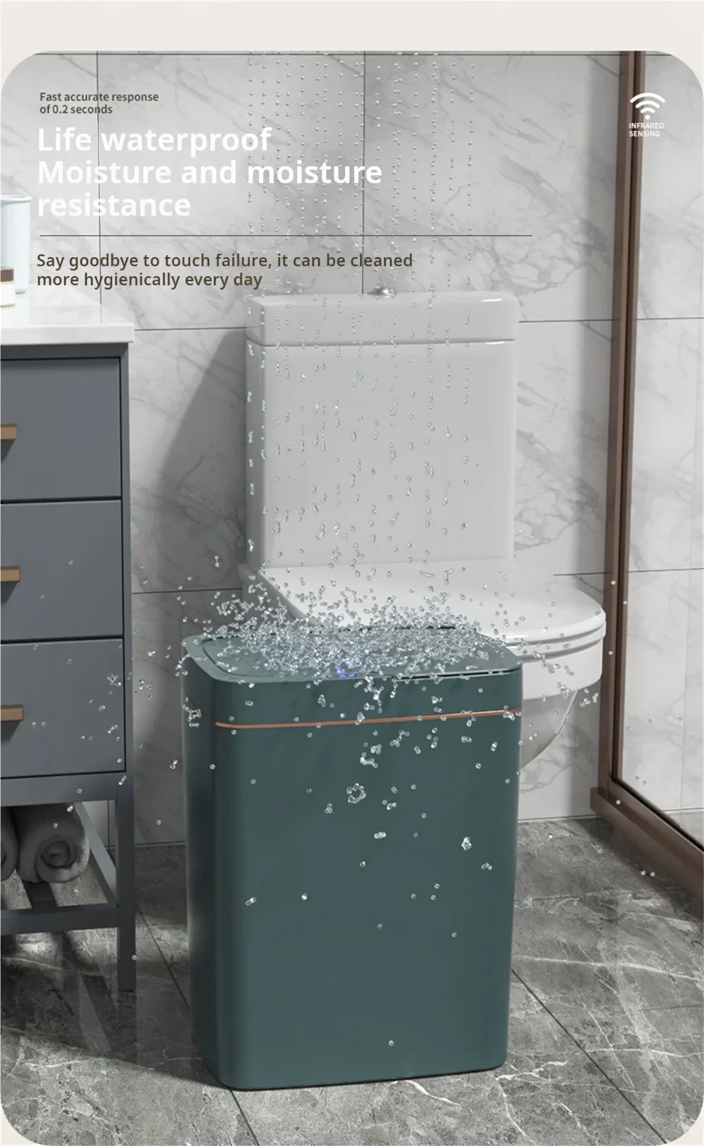 Our smart bathroom bin features touchless operation and a sleek design, offering a hygienic and convenient waste disposal solution.