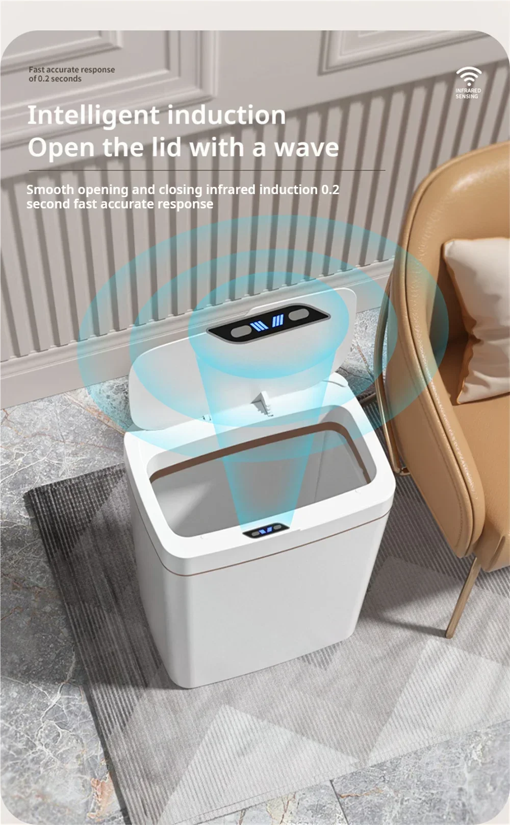 Our smart bathroom bin features touchless operation and a sleek design, offering a hygienic and convenient waste disposal solution.