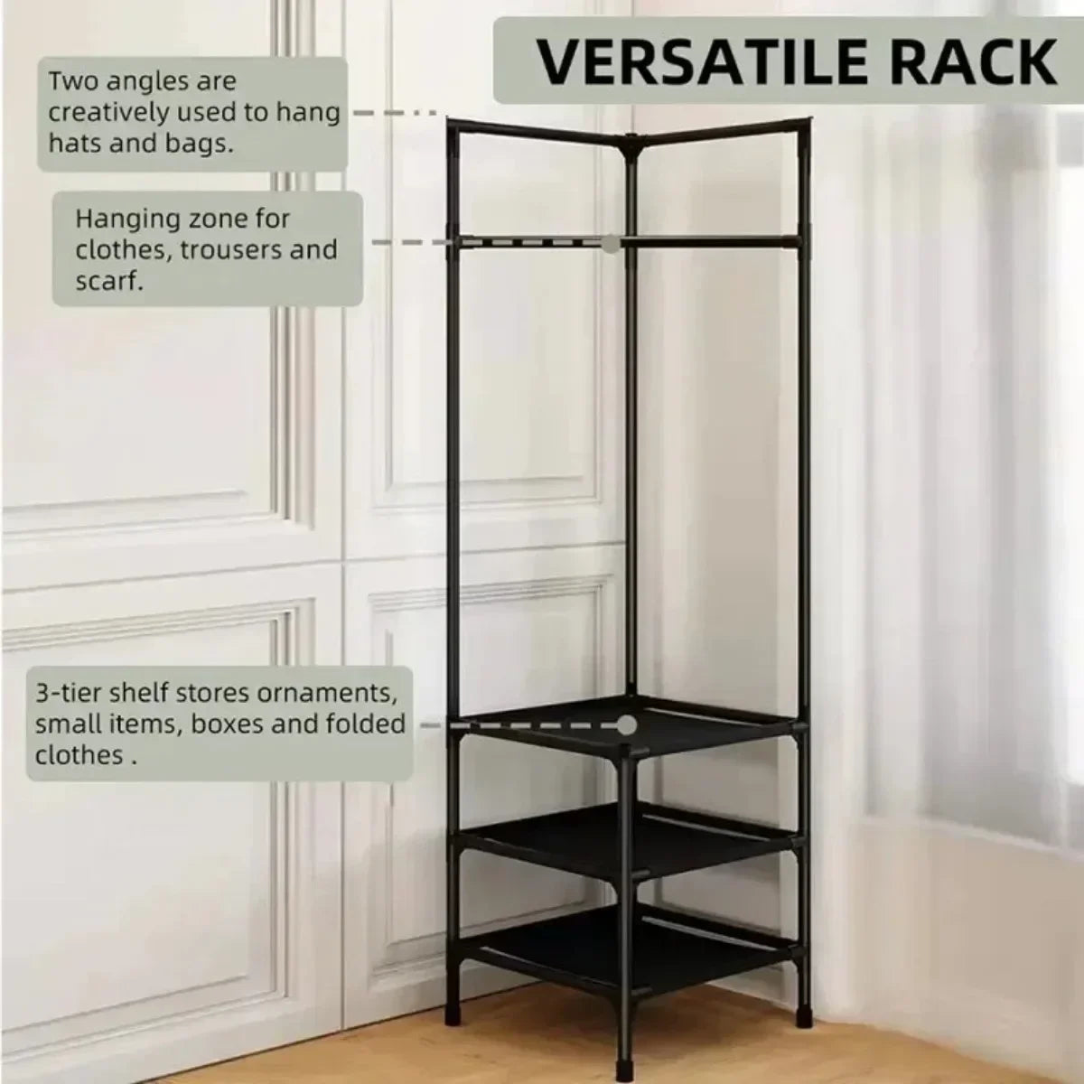 Stylish, space-efficient rack for organizing clothes in any corner.